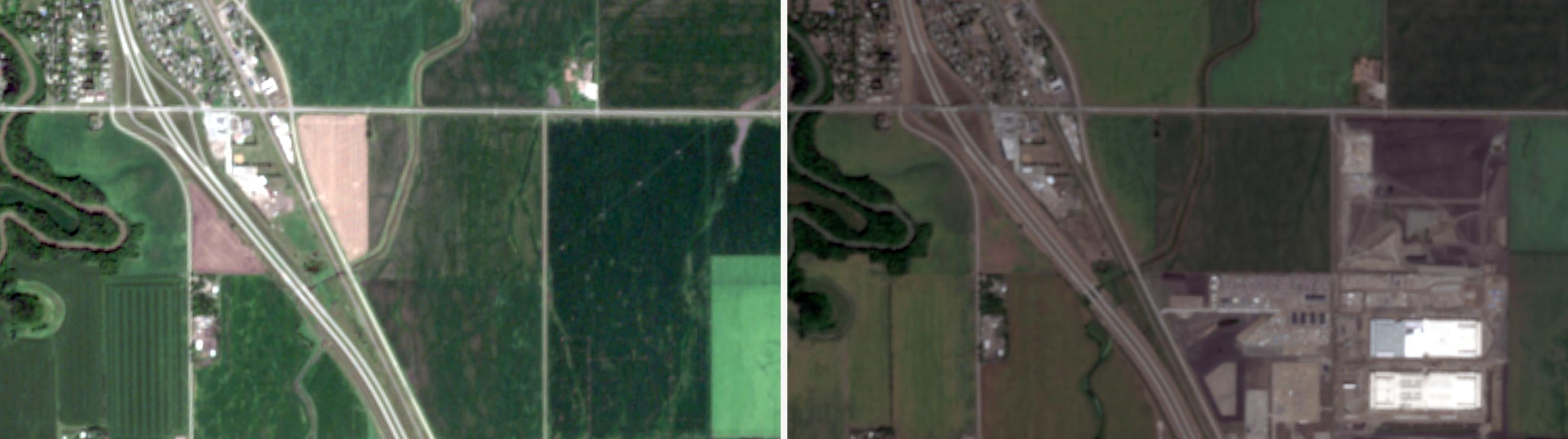 Two satellite images of the same farmland north of Fargo, North Dakota: on the left, August 2025, the town of Harwood beside Interstate 29 and an unbroken grid of green crop fields; on the right, August 2026, the same fields hold two enormous white data center halls on a gray gravel platform