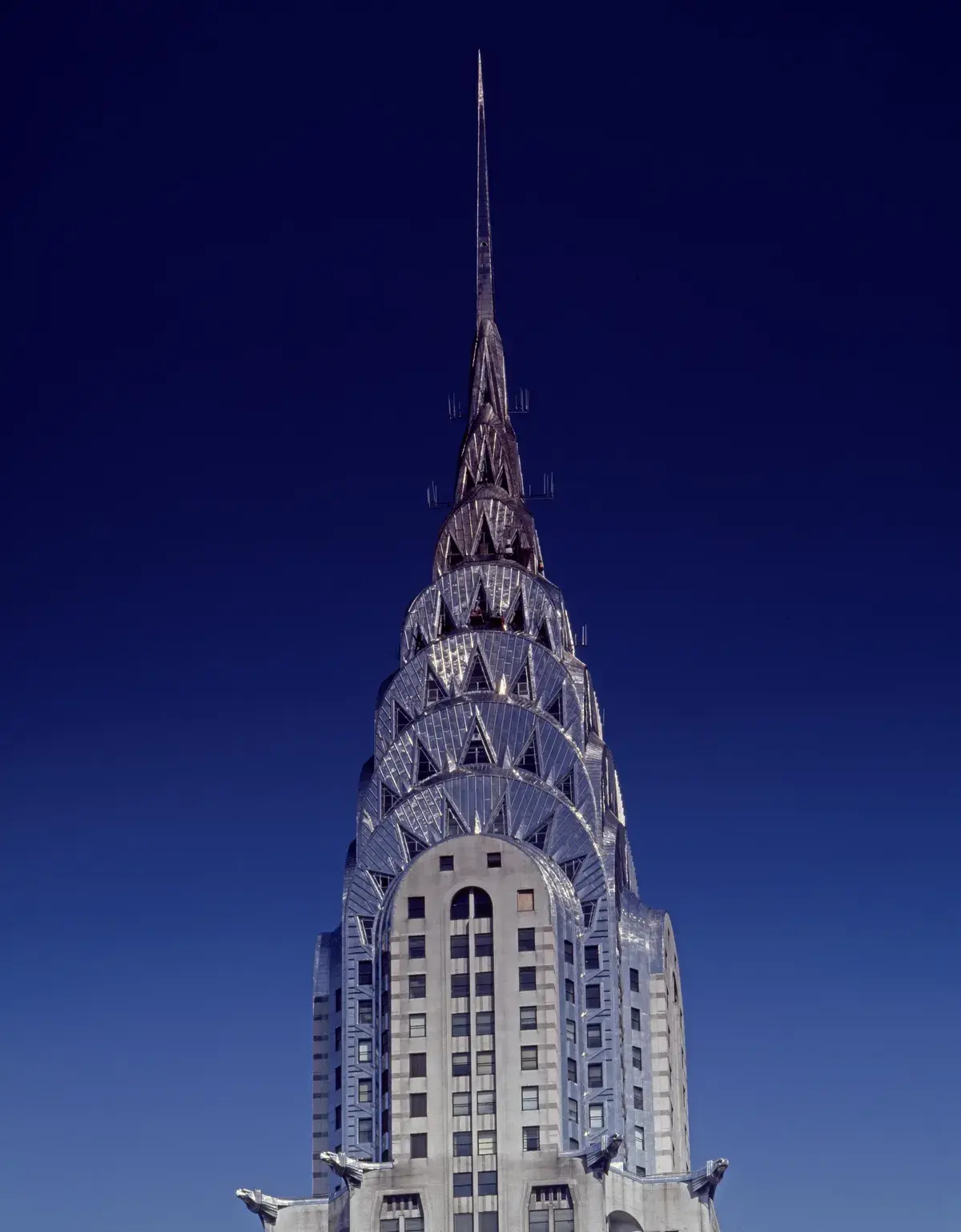The Chrysler Building's stainless-steel crown against the sky.