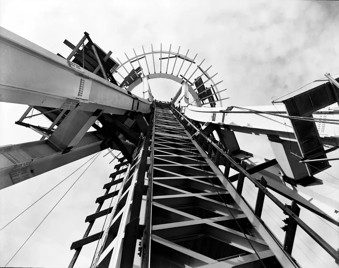 Looking straight up the hourglass steel core of the Space Needle during its 1961 construction.